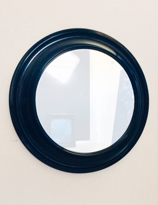 Midcentury Modern Italian Design Round Protruding Black Mirror 1970's