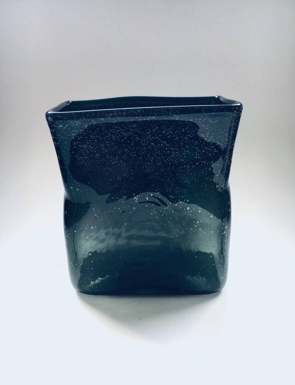 Vintage Handmade Art Bubble Glass Moss Green Square Vase