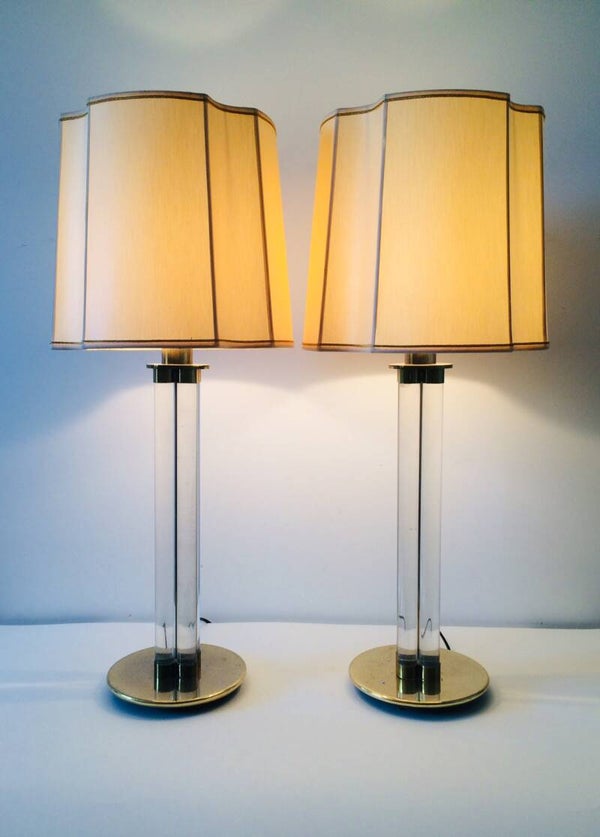 Hollywood Regency Style large table lamp set of 2 Lucite & Brass 1970's France