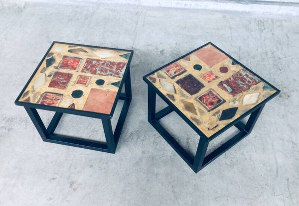 1970's Midcentury Modern Design Black Frame w Gold inlay Side Table set of 2