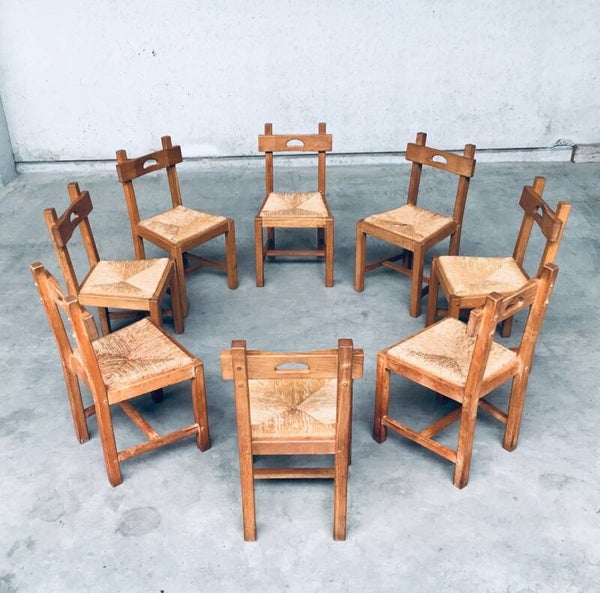 Brutalist Design Handcrafted Oak Dining Chair Set, 1960's Belgium