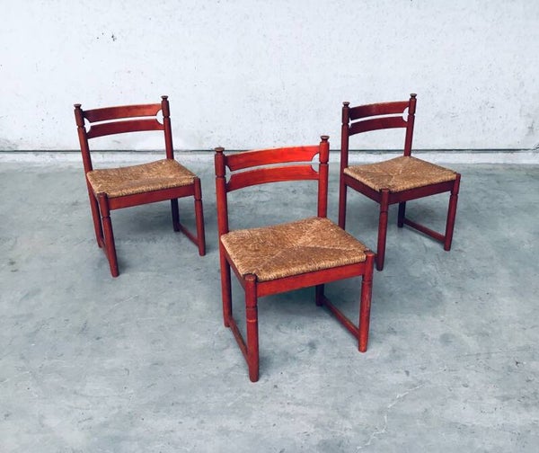 1960's Midcentury Modern Design Orange Stained Wood & Paper Cord Dining Chair Set