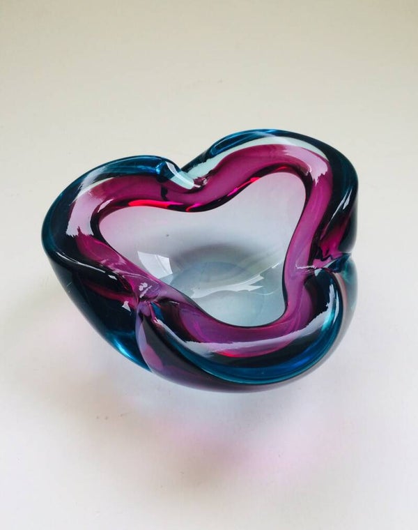 Vintage Sommerso Murano Art Glass Blue & Violet Triangular Bowl 1960's Italy