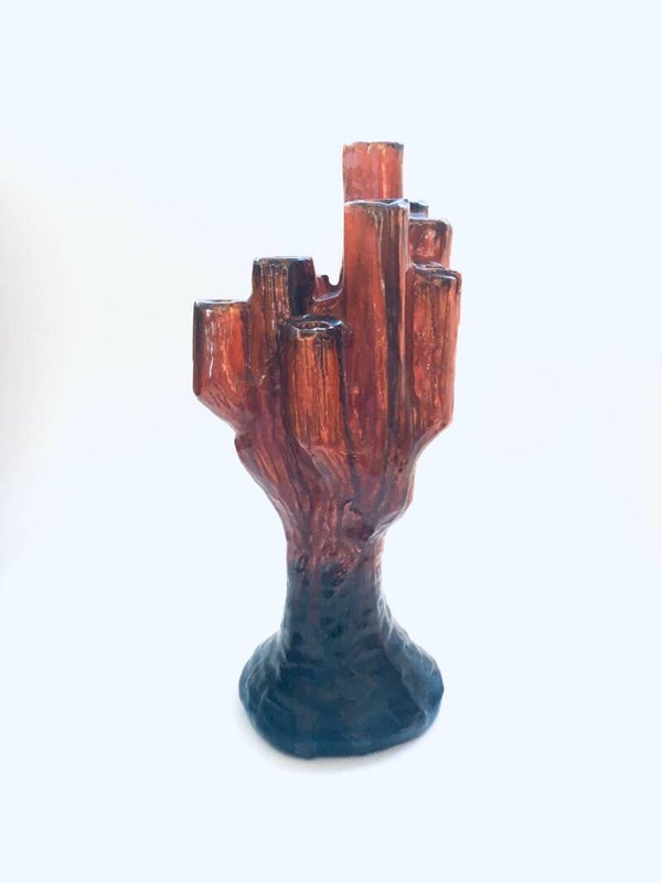 1960's Midcentury Studio Art Pottery Candle Holder Cactus Shaped Ceramic Object, signed F.B.