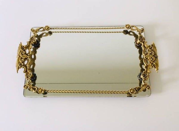 French Regency Serving Tray in Brass with mirror glass 1950's France
