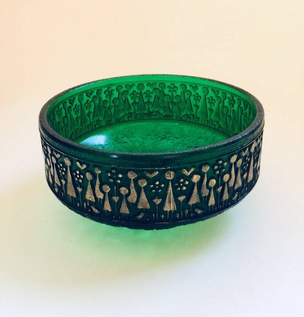 Scandinavian Design Green Ice Glass Bowl with Gold figures 1960's Sweden