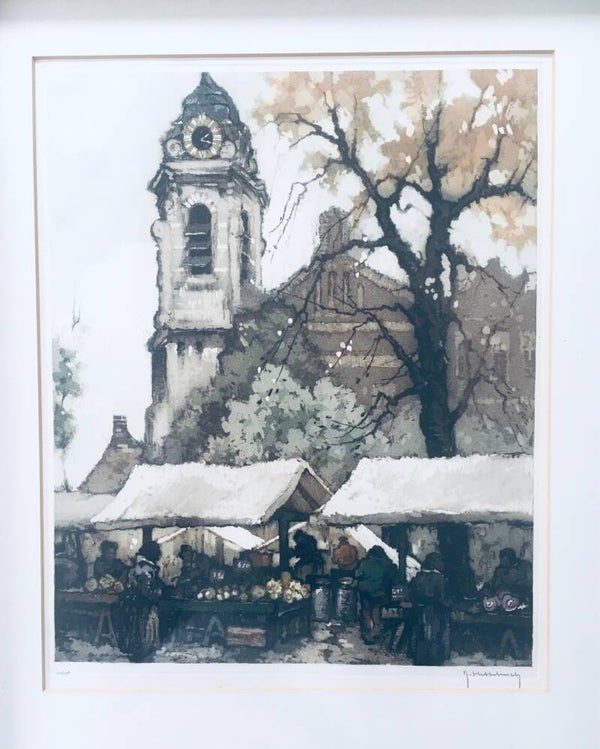 "Early Morning Market" Art Lithograph Etching by Roger Hebbelinck