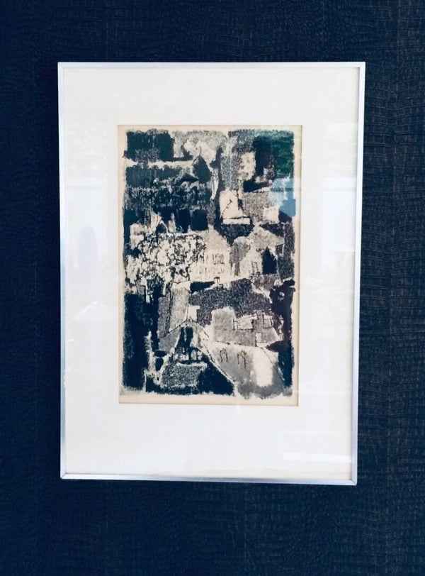 Original Art Litho Print Abstract Village View 1960's Unknown