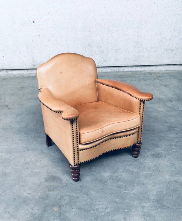 Cognac Leather Club Chair Armchair, Belgium 1940's