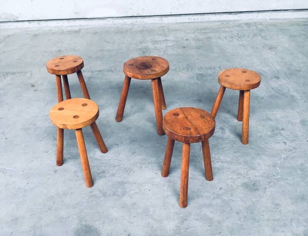 Handcrafted Brutalist Design Oak Tripod Stool Set of 5, 1930's France