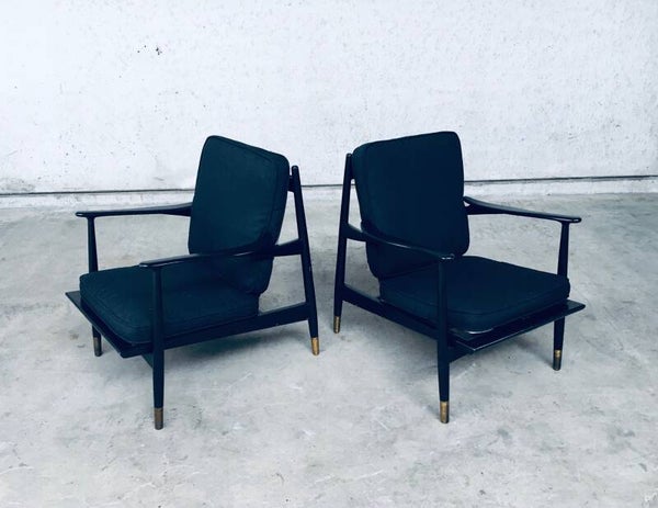 Midcentury Modern Design Black Laquered Lounge Armchair Set, Denmark 1950's
