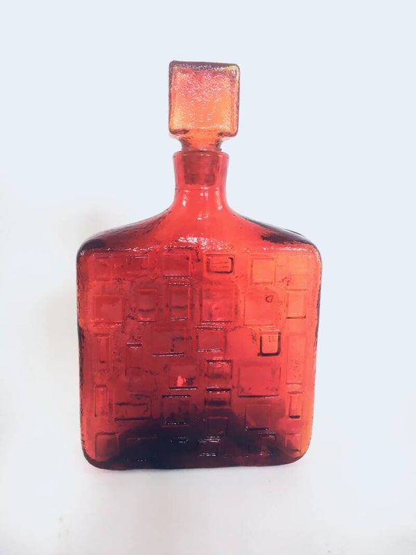 Midcentury Modern Italian Design Red Glass Decanter w Stopper, Empoli Italy 1960's