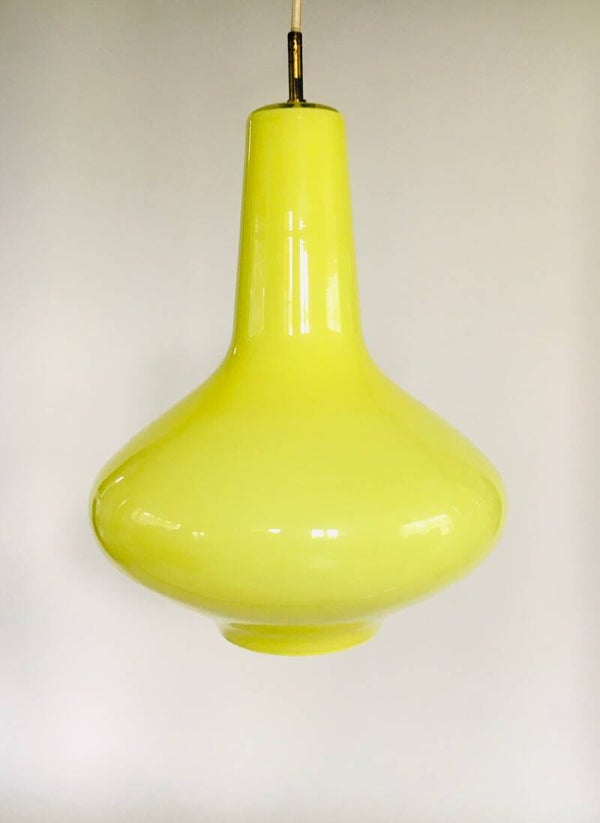 Opaline Yellow Glass Pendant Lamp by Massimo Vignelli for Venini Murano, Italy 1950's