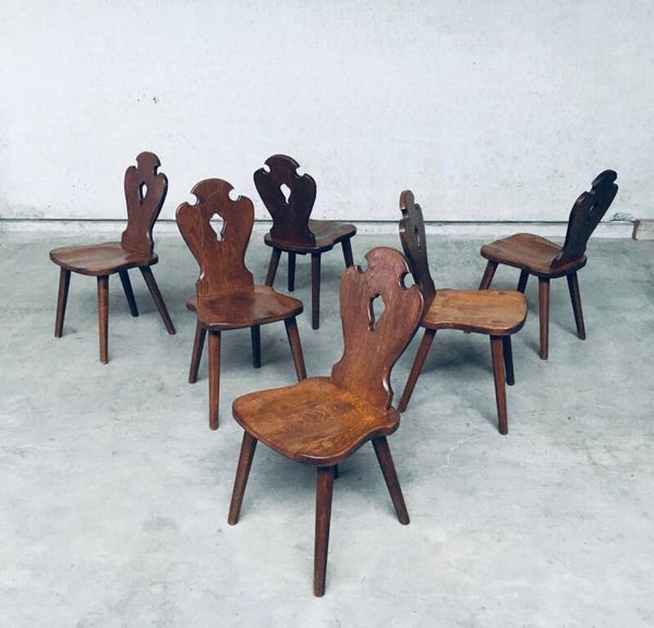 Handcrafted Oak Brutalist Design Dining Chair set, Belgium 1960's