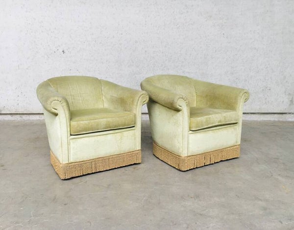 Hollywood Regency Style Set of 2 Light Green Velvet Arm Chairs 1960's