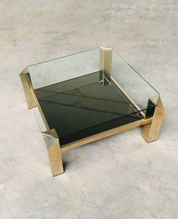 Modernist Design 80x80 Brass & Glass Coffee Table by Belgochrom 1980's