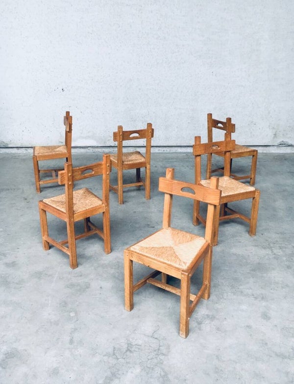 Brutalist Rustic Design Oak & Rush Dining Chair Set, Belgium 1960's