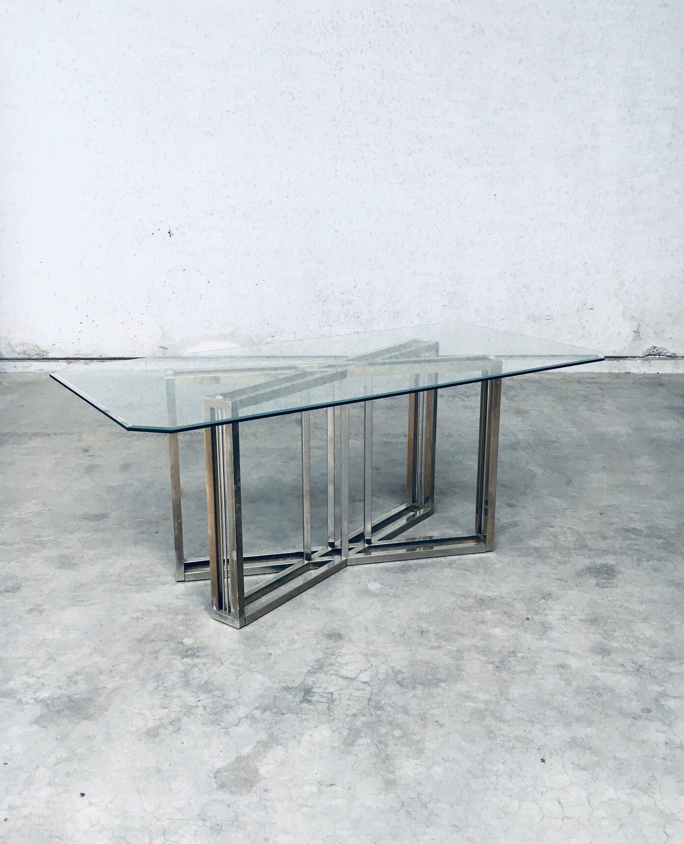 Hollywood Regency Style Geometrical Design Brass & Glass Dining Table by Belgochrom
