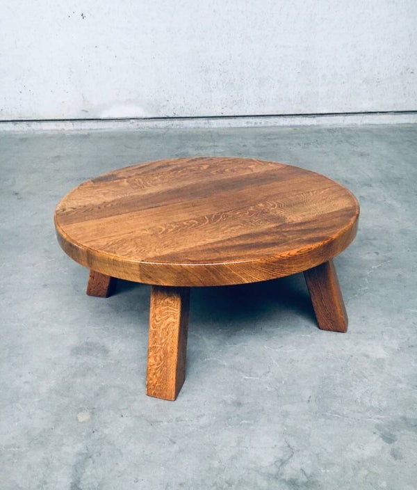 Brutalist Design Massive Oak Round Coffee Table, 1960's Belgium
