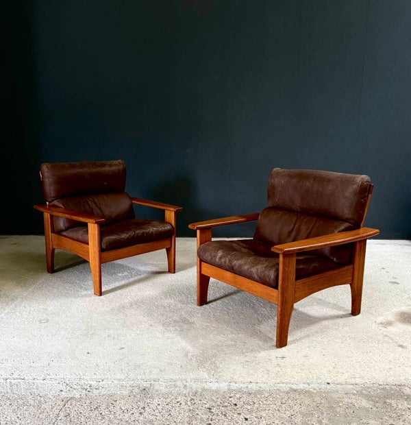 1960's Midcentury Modern Design Leather Teak Lounge Chair set 1