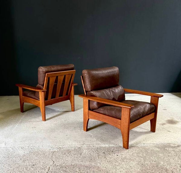 1960's Midcentury Modern Design Leather Teak Lounge Chair set 2