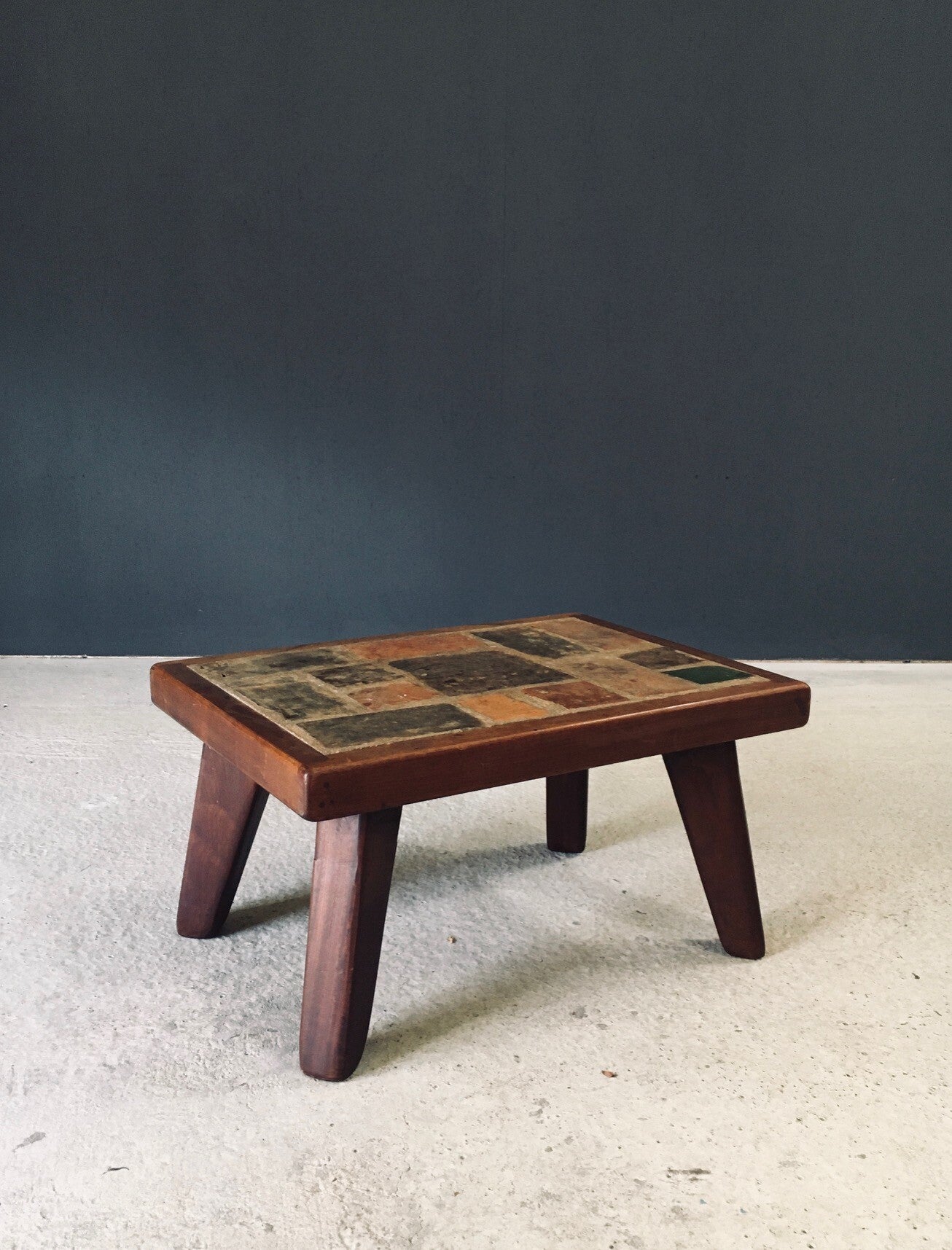 Brutalist Rustic Design Slate Tile & Oak Coffee Table, Belgium 1960's
