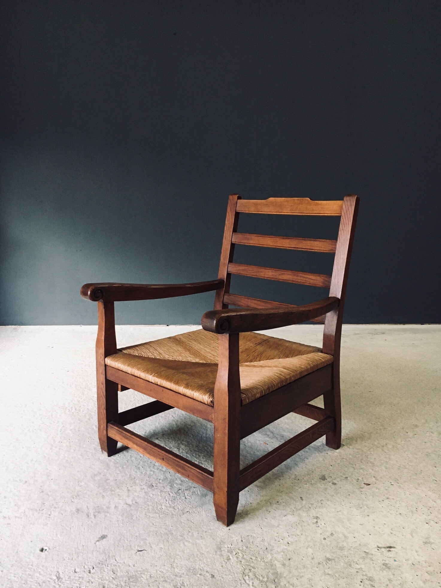 Rustic Solid Design XL Oak & Rush Arm Lounge Chair, France 1930's
