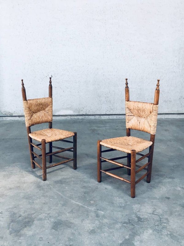 Handcrafted Rustic Design Oak & Rush Dining Chair set, Belgium 1950's