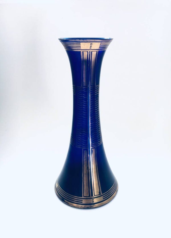 Art Deco Design Blue Glass Horn Vase with Gold Trim, Belgium 1920's
