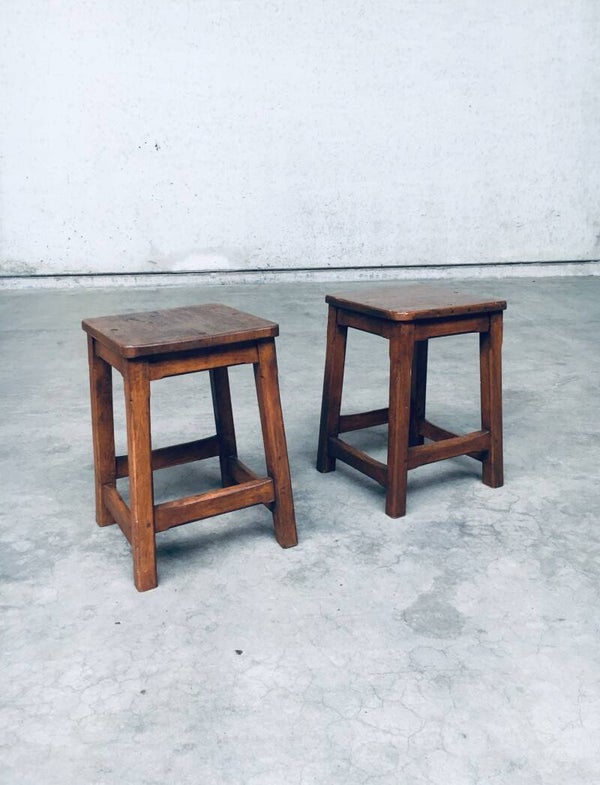 Hand Crafted Design Solid Wood Stool set, Belgium 1940's