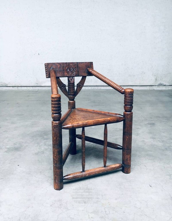Brutalist Carved Oak Tripod MONK Chair, Sweden 1930's