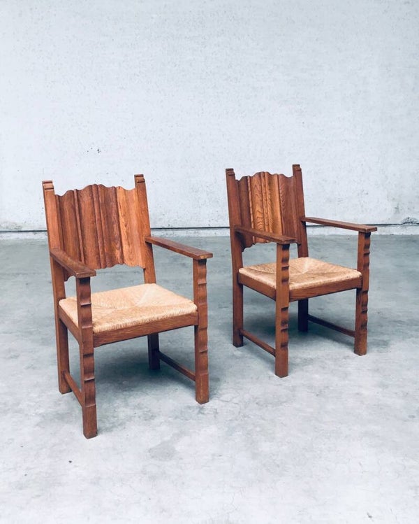 Rustic Travail Populaire Oak & Rush Arm Chair Set, 1960's Belgium