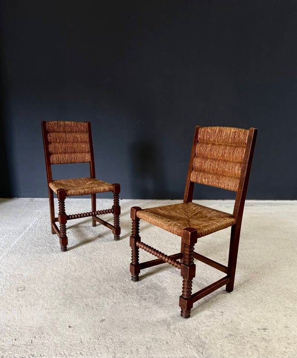 French Provincial Design Oak & Rush Dining Chairs by Charles Dudouyt, France 1940's