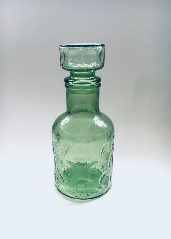 Empoli Pinched Pale Green Glass Decanter Bottle w Stopper, Italy 1960's.