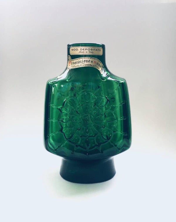 Empoli Green Ribbed Glass Low 'STAR BURST' Vase, Toscana Italy 1960's