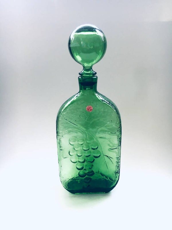 Vintage Empoli Green Glass Grape Wine Decanter Bottle w Ball Stopper, Italy 1960's