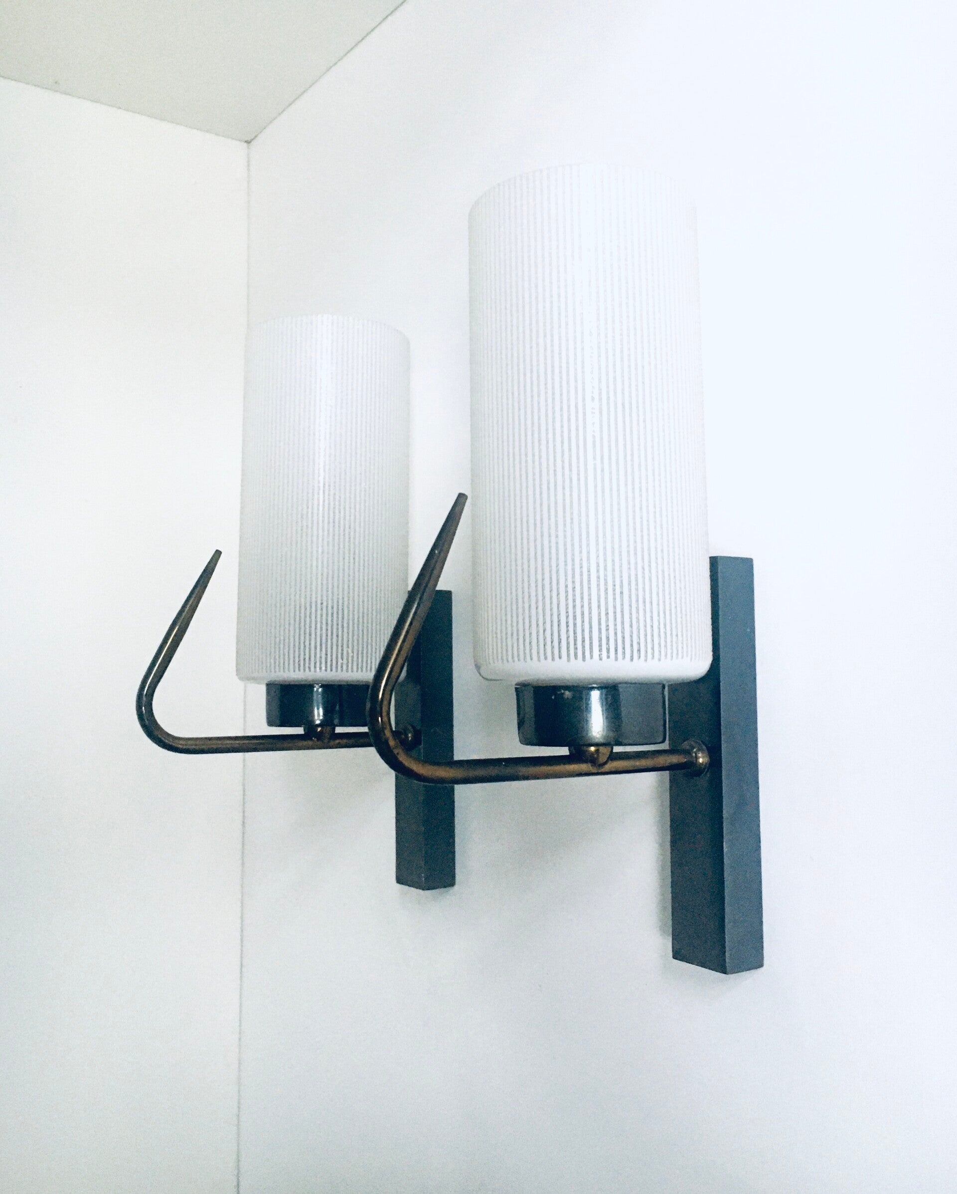 Midcentury Design Brass & Glass Wall Lamp Sconce Set, France 1950's