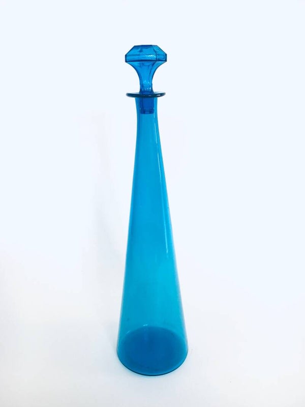 Midcentury XL Empoli Glass Blue Decanter Bottle w Stopper, Italy 1960's