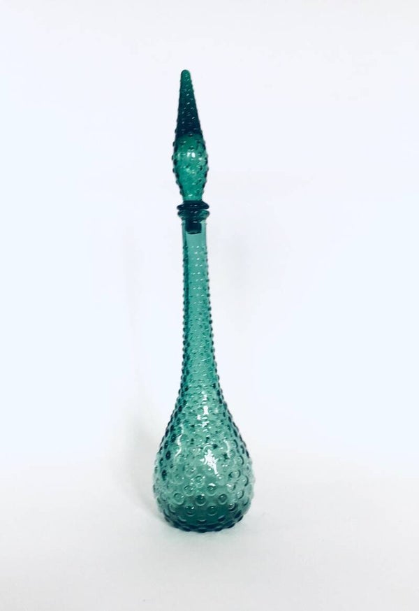 Vintage Empoli Glass Forest Green Genie Decanter Bottle w Stopper, Italy 1960's