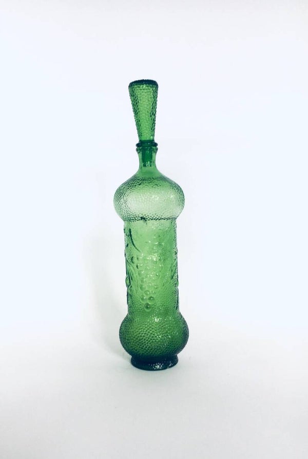 Vintage Empoli Glass Green Wine Decanter Bottle w Stopper, Italy 1960's