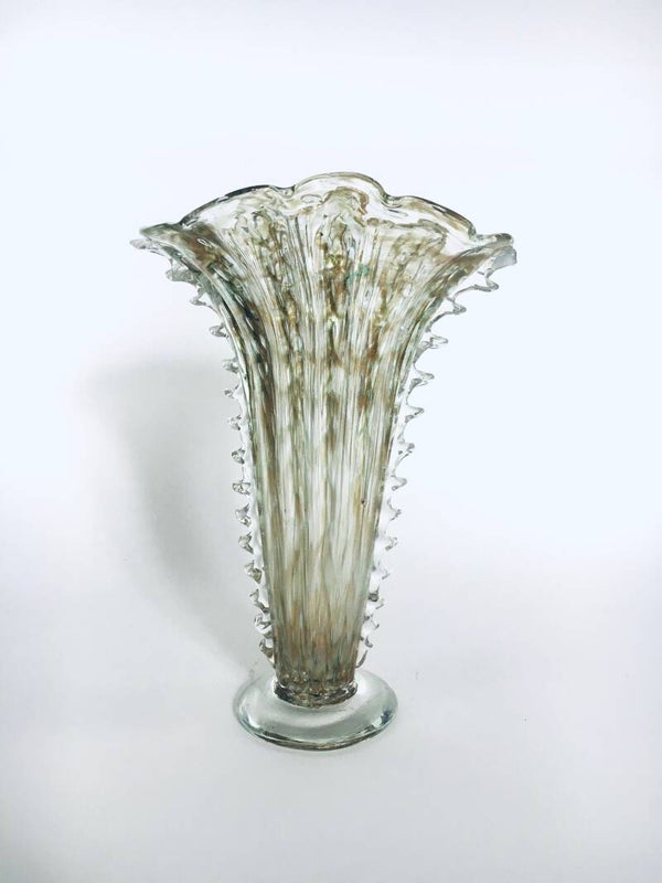 Bullicante Clear and Gold Foil Murano Glass Fan Flower Vase by Barovier & Toso, Italy 1940's