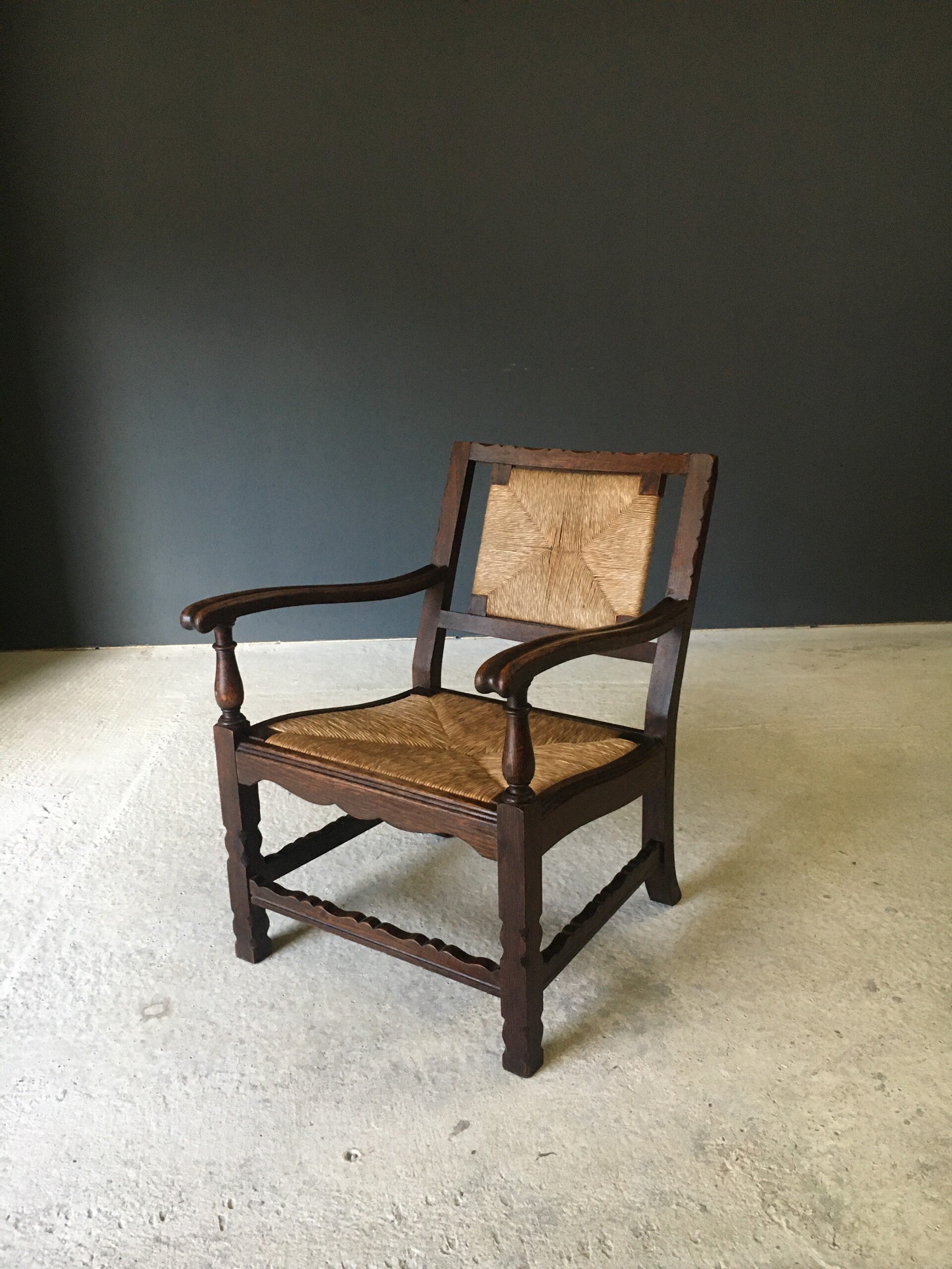 Arts & Crafts Style Design Oak & Rush Low Armchair, Belgium 1920's