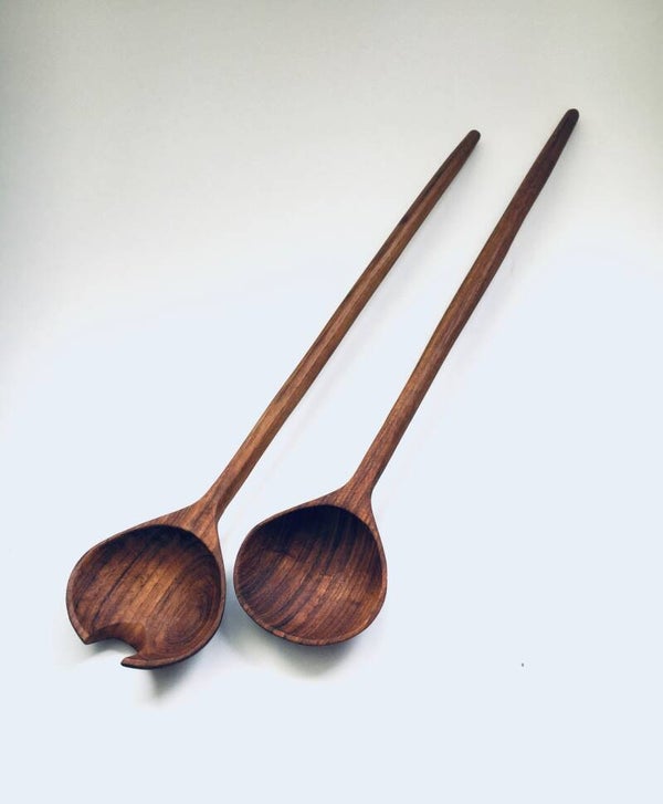 Midcentury Scandinavian Design Teak Wooden Salad Serving Spoon Set, Denmark 1960's