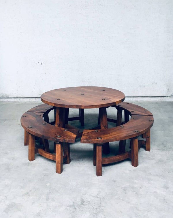 Midcentury French Alps Chalet Style Round Table & 4 Benches, France 1950's