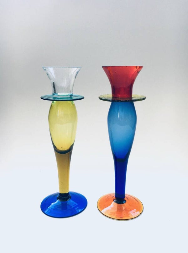 Murano Art Glass Memphis Style Candle Holder Set, 1980's Italy