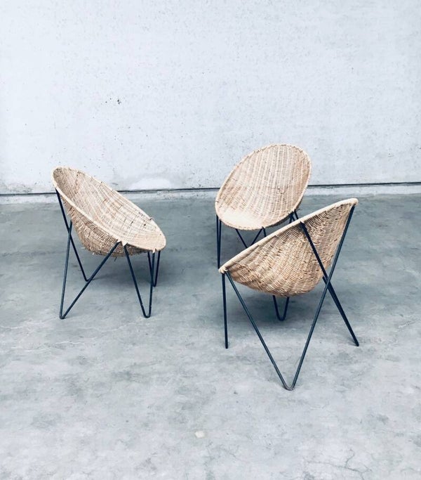 Midcentury Modern Design EGG Basket Wicker Chair set, Italy 1950's
