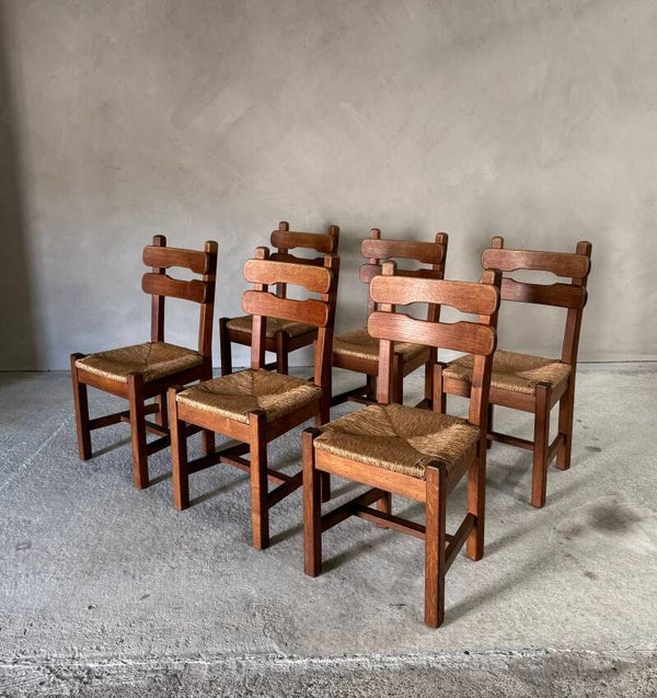 Brutalist Rustic Design Oak & Rush Dining Chair set, Belgium 1960's