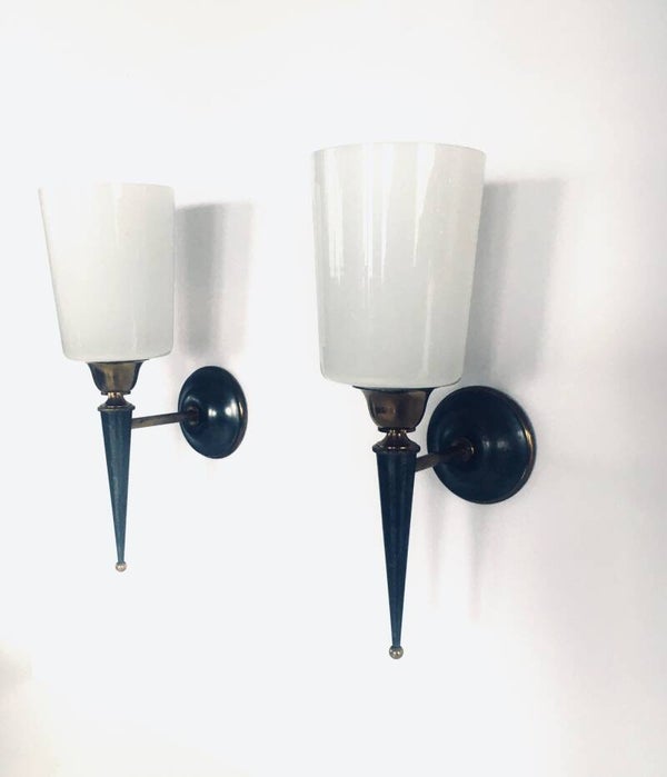 Vintage Design Brass & Opaline Glass Sconce Wall Lamp Set, France 1950's