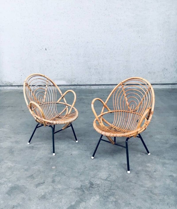 1960's Pair of Rattan Lounge Chairs by Rohe Noordwolde