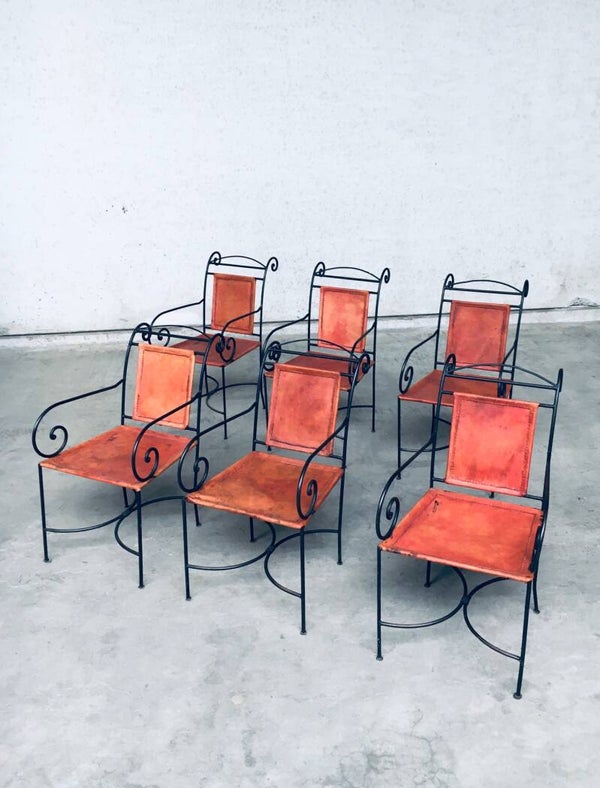 Wrought Iron and Cognac Leather Swirl Dining Chair set, Spain 1960's